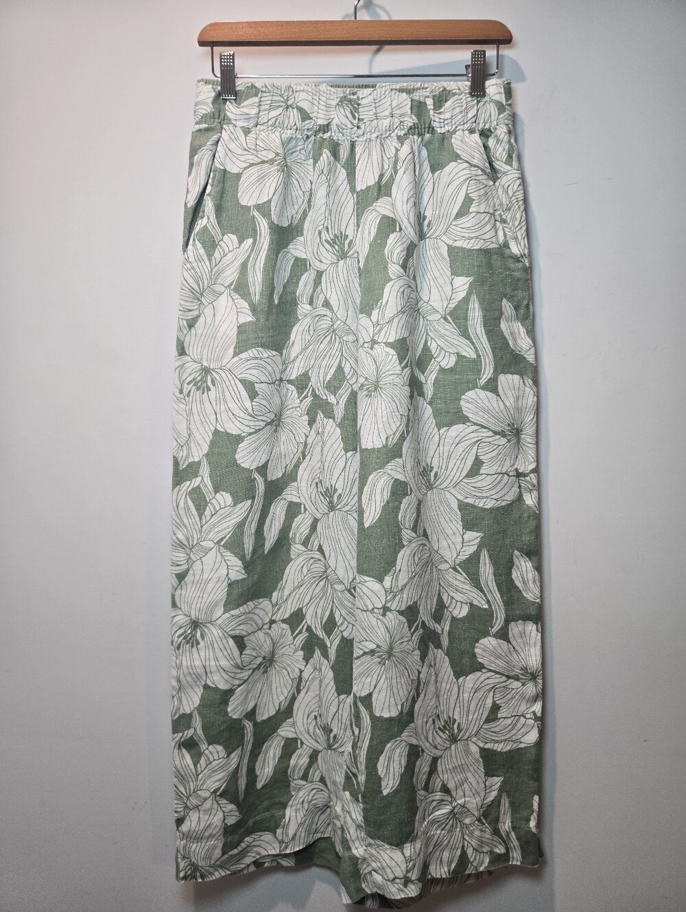 Tahari Linen Pants Women's Small Tropical Monstera Leaf Print Wide Leg Loose Fit
